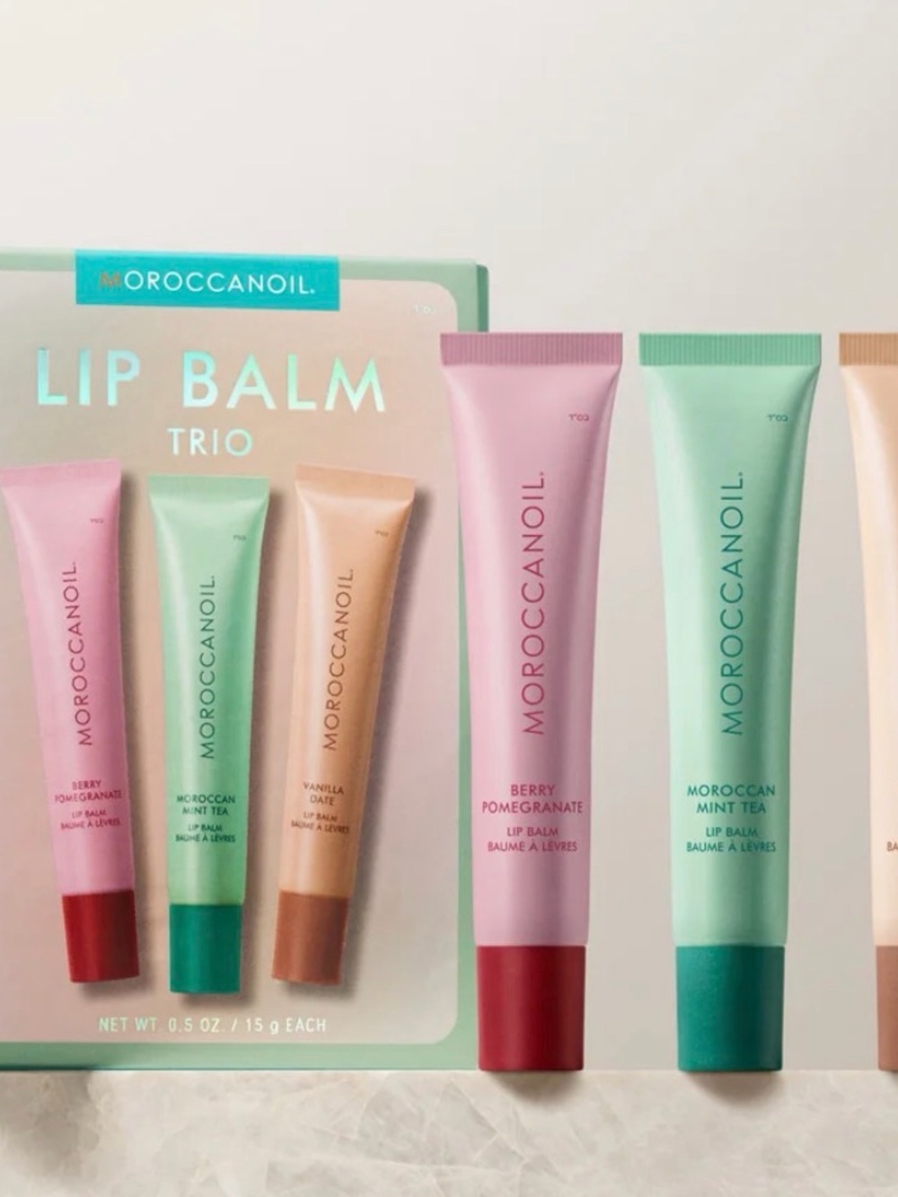 Moroccanoil Lip Balm Trio - Pink, Mint Green, Beige Tubes